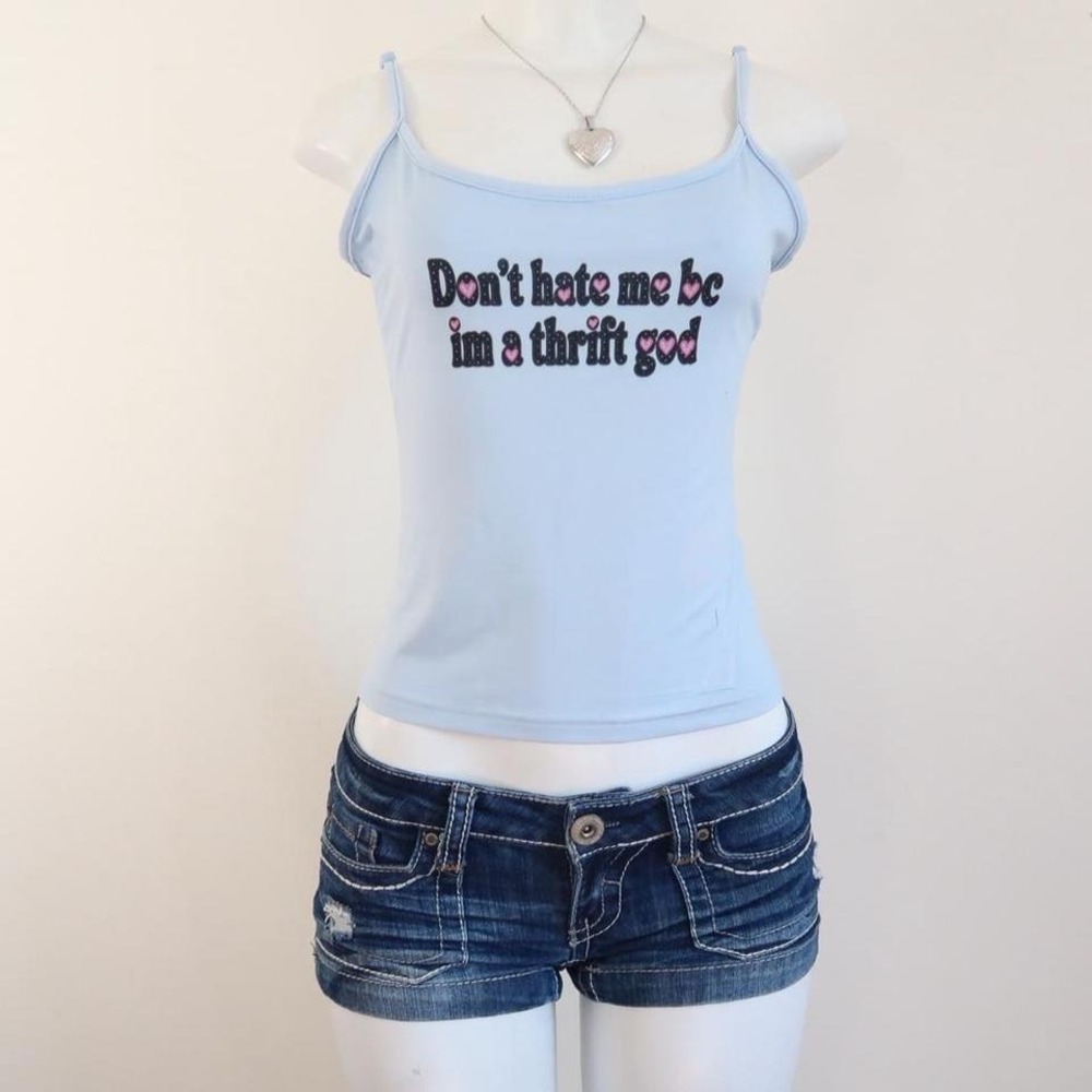 y2k thrift god cami blue graphic baby tee mcbling